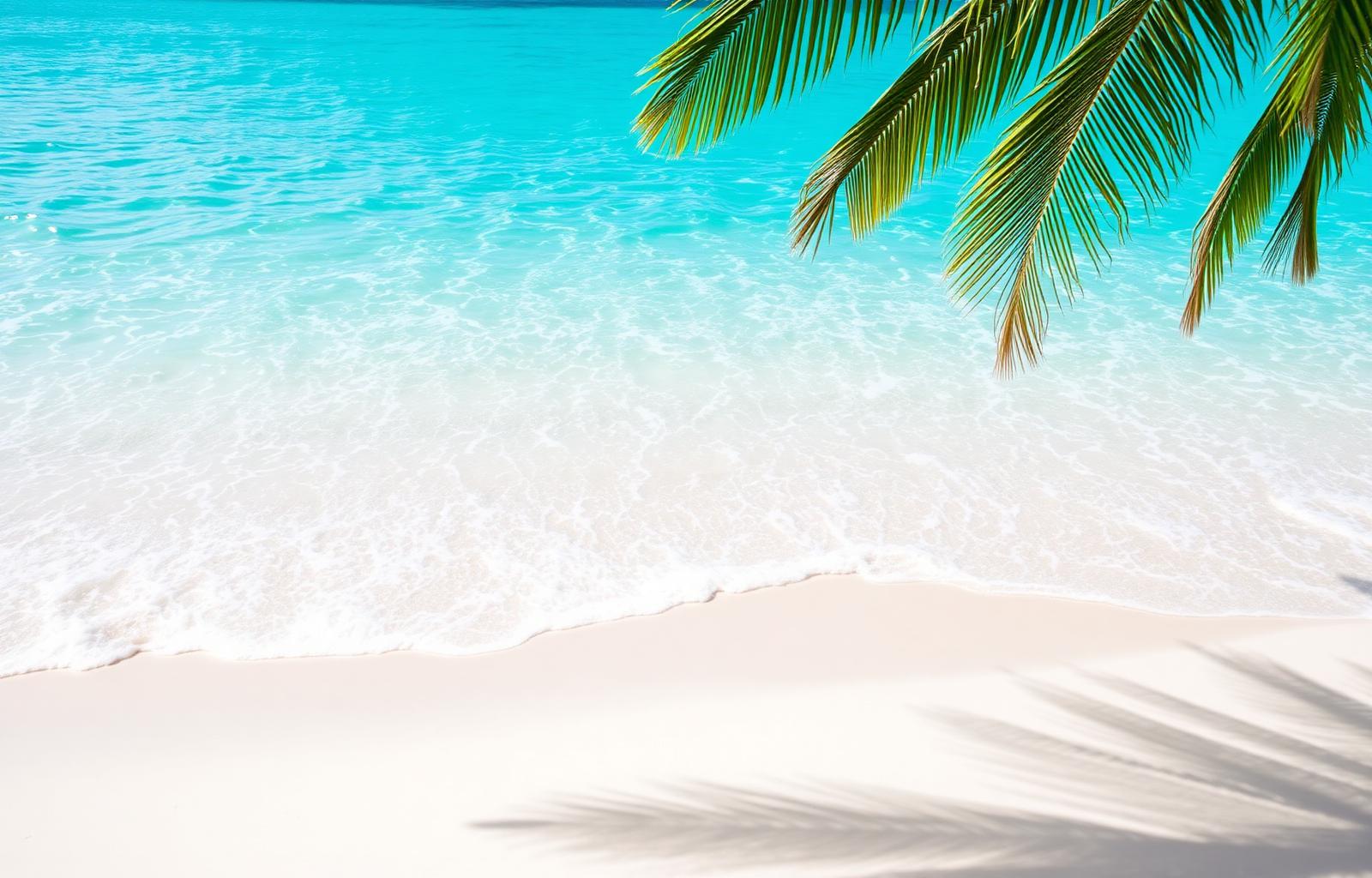 Caribbean turquoise beach with palm leaves